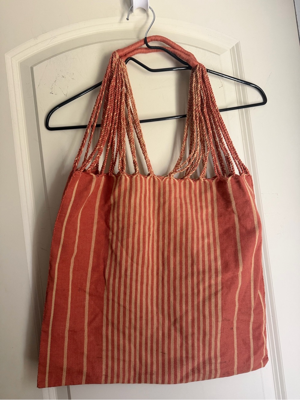 Luz fabric hand woven tote bag Striped‎ Coral Braided Handles artsy boho